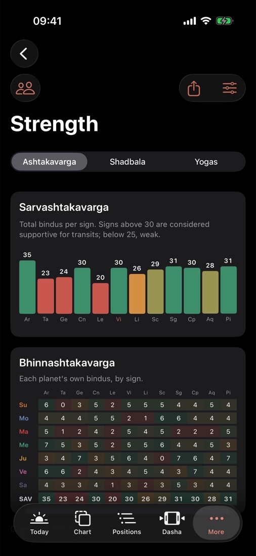Ashtakavarga bar chart and bindu grid.